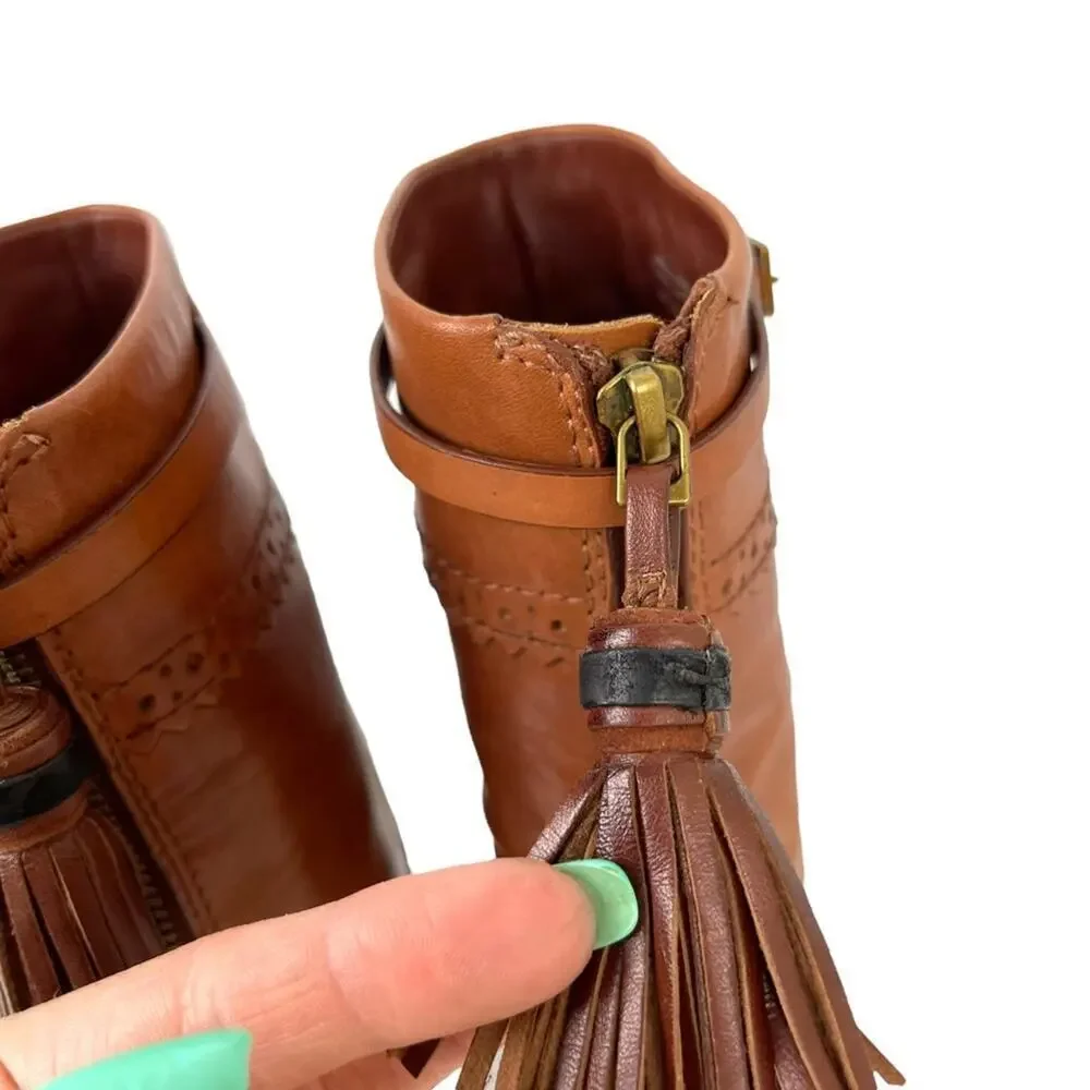 TORY BURCH Womens Size 8 Huxley Brown Leather Ankle Boots Tassel Zipper Shoes
